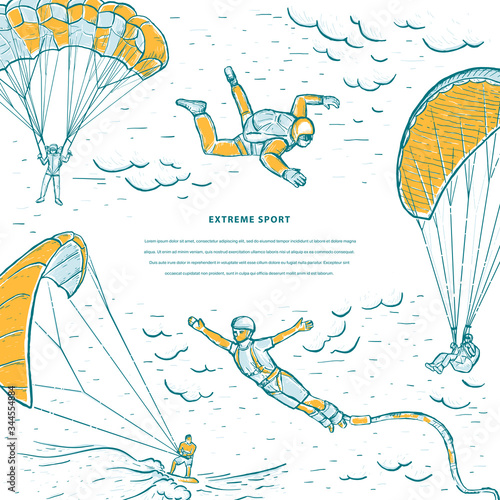 Extreme sports sketch vector template. Bungee jumping, kite surfing, free fall. Skydivers flying with a paraglider and parachute. Design for flyer,  invitation, poster and web banner