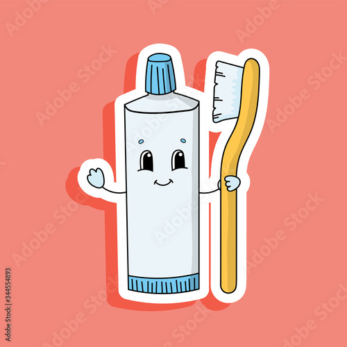 Toothpaste Tube With Toothbrush. Bright color sticker. Cartoon character. Vector illustration. Design element. With white contour.