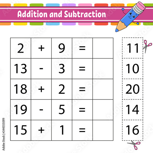 Addition and subtraction. Task for kids. Cut and paste. Education developing worksheet. Activity page. Game for children. Funny character. Isolated vector illustration. Cartoon style.