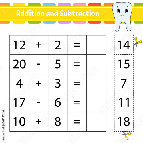 Addition and subtraction. Task for kids. Cut and paste. Education developing worksheet. Activity page. Game for children. Funny character. Isolated vector illustration. Cartoon style.