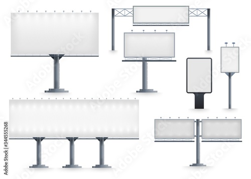 Billboard blank. Realistic empty billboard isolated on white background. City outdoor blank banner large format for advertise media. Outdoor advertising poster template. Empty bill board for ad media.