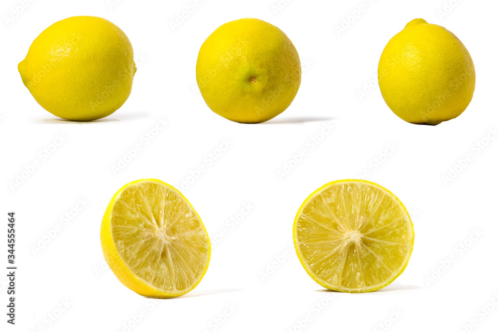 Picture of yellow lemon sliced in half and not halved with a multi-directional perspective on a white background