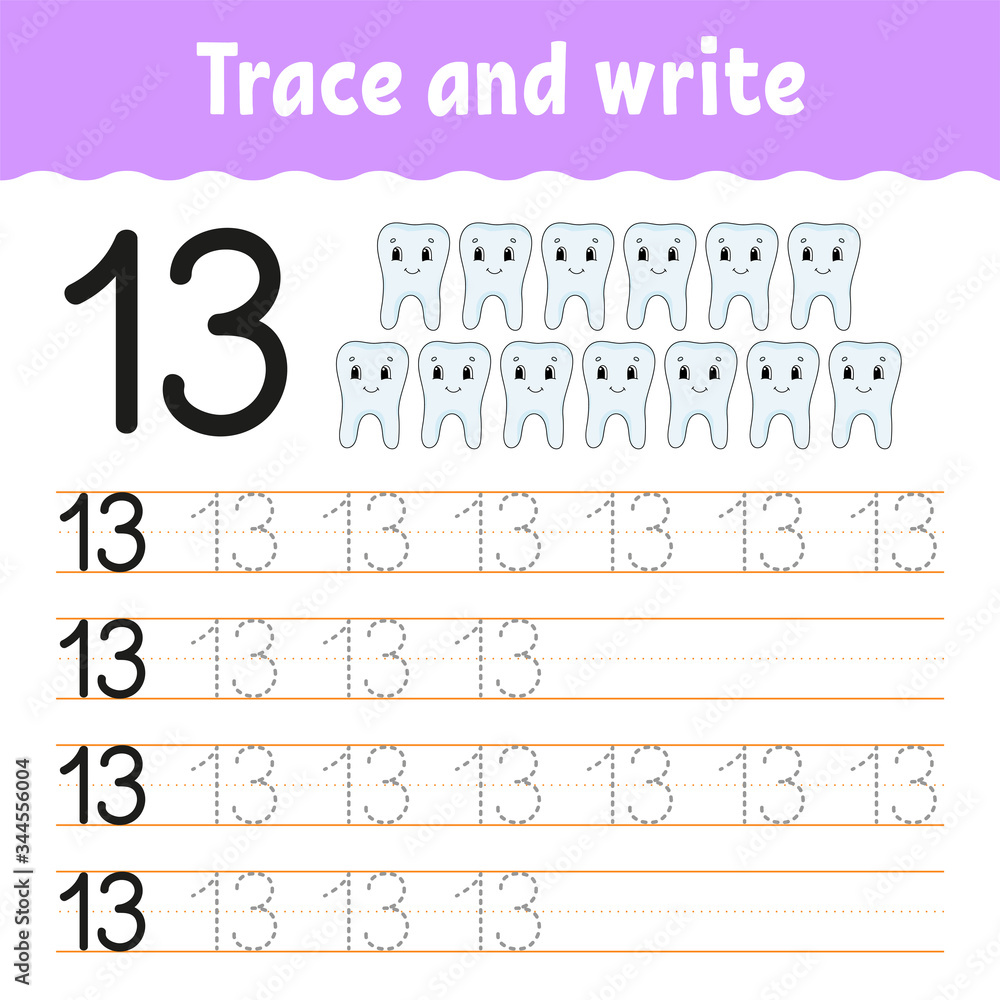 Trace and write. Number 13. Handwriting practice. Learning numbers for kids. Activity worksheet. Cartoon character. Trace and write. Number 13. Handwriting practice. Learning numbers for kids. Activity worksheet. Cartoon character.