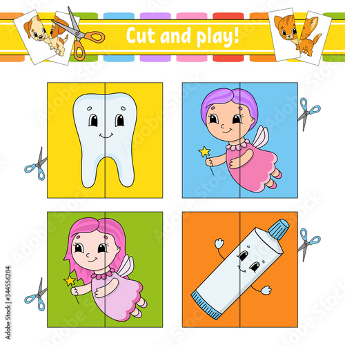 Cut and play. Flash cards. Color puzzle. Tooth, toothpaste, fairy. Education developing worksheet. Activity page. Game for children. Funny character. Isolated vector illustration. Cartoon style.