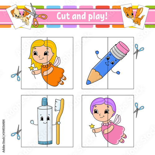 Cut and play. Flash cards. Color puzzle. toothpaste, fairy, pencil. Education developing worksheet. Activity page. Game for children. Funny character. Isolated vector illustration. Cartoon style.