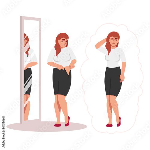 Crying overweight girl semi flat RGB color vector illustration. Woman depressed about gaining weight isolated cartoon character on white background. Emotional stress, sadness. Obesity problem