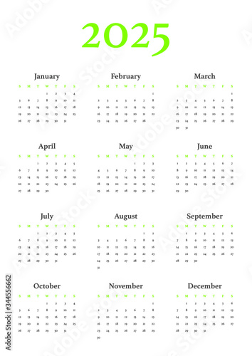 Annual calendar in A4 format for 2025 year