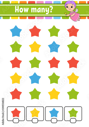Counting game for children. Happy characters. Learning mathematics. How many object in the picture. Education worksheet. With space for answers. Isolated vector illustration in cute cartoon style.