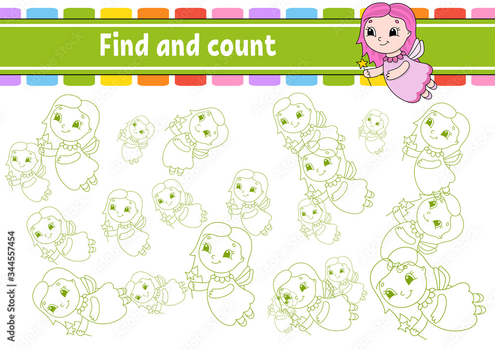 Find and count. Young fairy. Education developing worksheet. Activity page. Puzzle game for children. Logical thinking training. Isolated vector illustration. Cartoon character. Find and count. Young fairy. Education developing worksheet. Activity page. Puzzle game for children. Logical thinking training. Isolated vector illustration. Cartoon character.