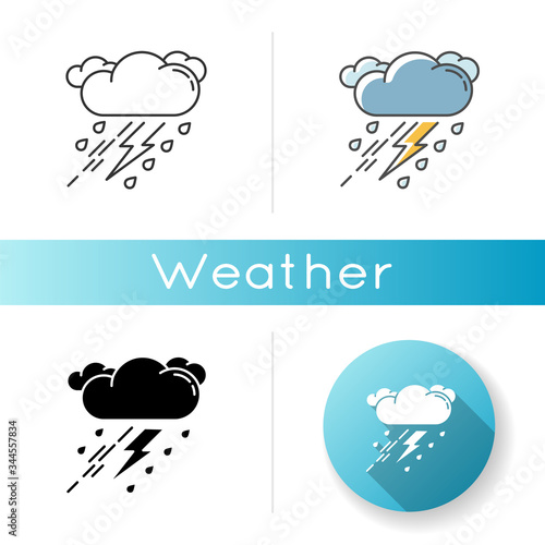 Thunderstorm icon. Linear black and RGB color styles. Bad weather, meteo forecast. Strong atmospheric precipitation, rainstorm. Raining cloud with lightning isolated vector illustrations