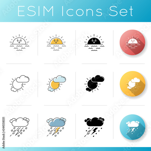 Evening weather icons set. Linear, black and RGB color styles. Meteorology, sky clarity and atmospheric precipitation forecast. Sunset, partly cloudy and thunderstorm. Isolated vector illustrations