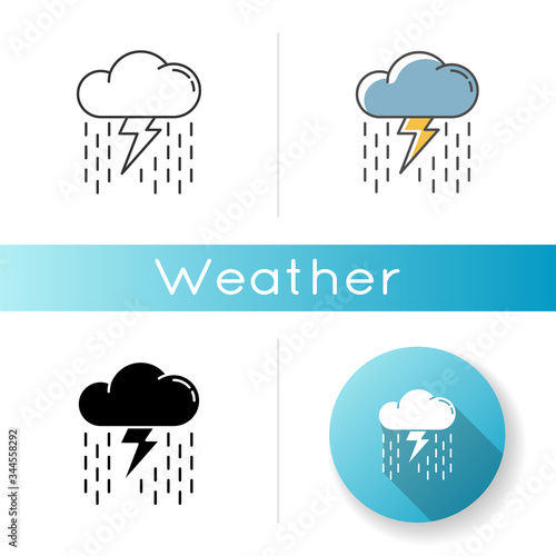 Heavy showers icon. Linear black and RGB color styles. Weather prediction, meteo forecast. Strong rainstorm, cloudburst. Raining thundercloud with lightning bolt isolated vector illustrations
