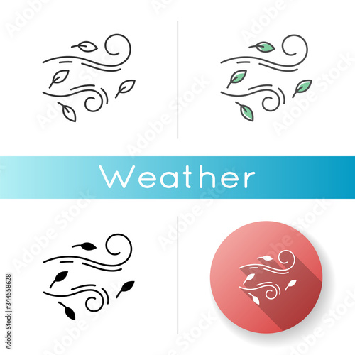 Windy weather icon. Linear black and RGB color styles. Autumn season meteo forecast, meteorology. Wind speed and strength prediction. Cool breeze with leaves isolated vector illustrations