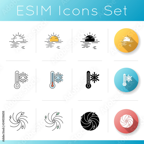 Meteorological forecast icons set. Linear, black and RGB color styles. Weather prediction science, natural phenomena. Sea haze, frigit temperature and hurricane. Isolated vector illustrations photo