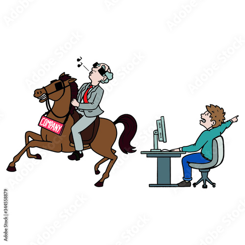 A businessman with blinders rides his horse in the wrong direction and does not pay attention to his employees. corporate management, blind flight, comic.
