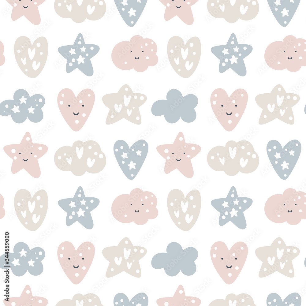 Seamless pattern of cute Nursery Vector Wall Art Set. Funny Smiling Stars, Lovely Hearts and Fluffy Clouds Isolated on a White Background. Baby Shower Vector Illustration Seamless pattern of cute Nursery Vector Wall Art Set. Funny Smiling Stars, Lovely Hearts and Fluffy Clouds Isolated on a White Background. Baby Shower Vector Illustration