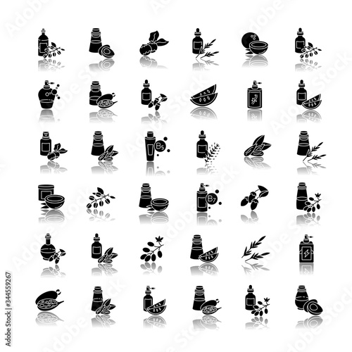 Hair oils drop shadow black glyph icons set. Avocado natural essence. Exotic baobab extract for haircare. Jojoba oil. Antistatic cosmetic product. Isolated vector illustrations on white space