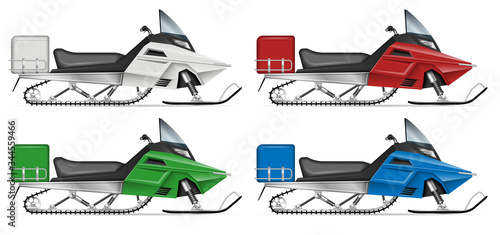 Snowmobile view from side isolated on white background. Winter sports vehicle vector template, all elements in the groups on separate layers for easy editing and recolor