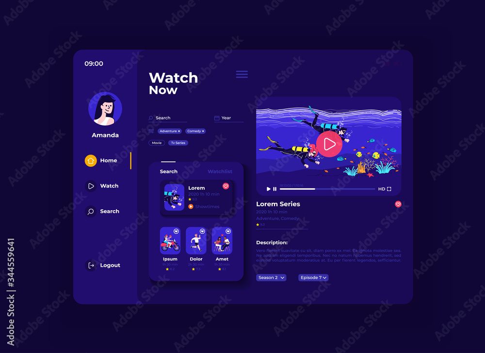 Video blogging service tablet interface vector template. Mobile app page night mode design layout. User profile screen. Flat UI for application. New streams and posts on portable device display