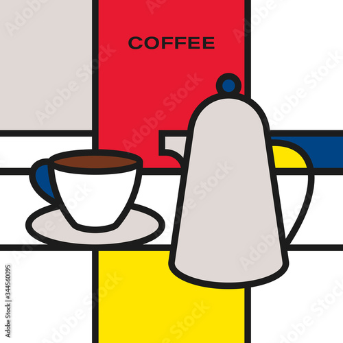 Coffee cup with saucer and coffee pot. Modern style art with rectangular colour blocks. Piet Mondrian style pattern.