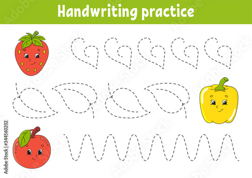 Handwriting pactice. Education developing worksheet. Activity page. Fruits and vegetables. Color game for children. Isolated vector illustration. Cartoon character.