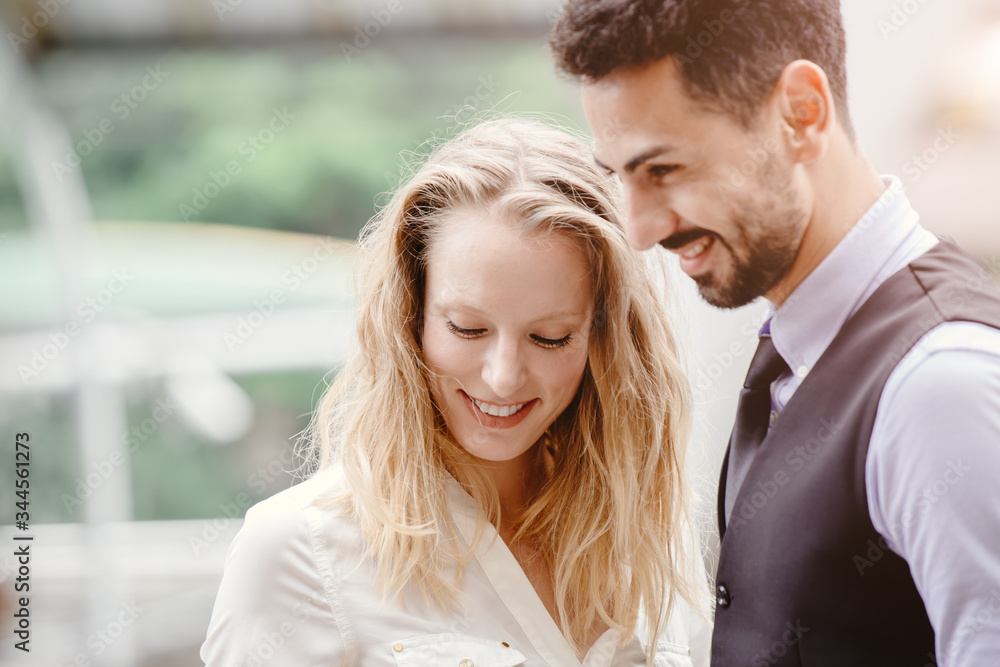 Naklejka premium Business people adult mix race lover couple or friend happy smile outdoor together shy.