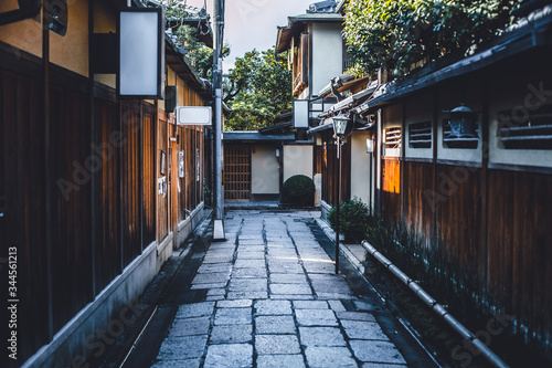 Japanese walk way in Gion town old traditional wooden home district alley quiet calm travel place in Kyoto Japan.