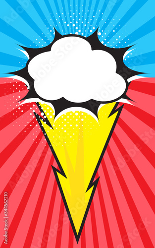 Boom pop art explosion speech bubble with striking lightning. Mockup for comic book and manga. Text banner, poster. Vector bright dynamic cartoon illustration. Template for your design
