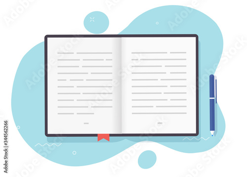 Book open pages with text or textbook paper notepad with bookmark vector flat cartoon illustration isolated, encyclopedia or schoolbook literature, notebook notes idea