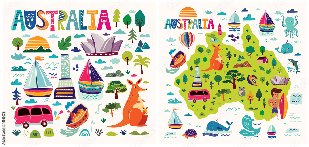 Fototapeta premium Australia collection with Australia map, animals, symbols, architecture Of Sydney