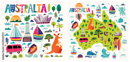 Australia collection with Australia map, animals, symbols, architecture Of Sydney