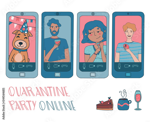 Virtual hangout with friends. Online party or video conference with people working from home during coronavirus outbreak. Hand drawn characters set. Vector illustration with pets, pie, tea, and wine.