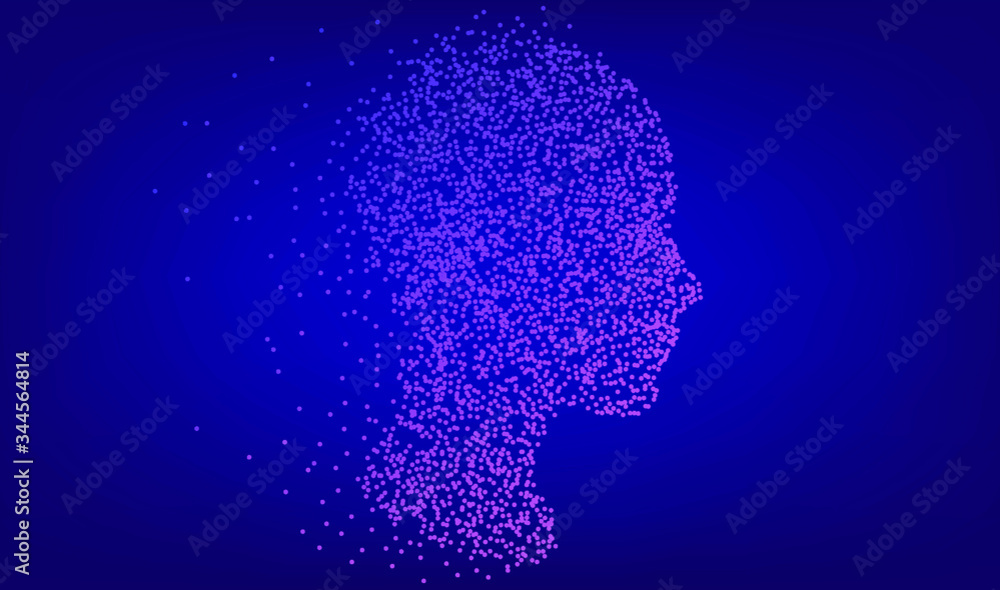 Silhouette of a human head made of dots and particles. Conceptual image ...
