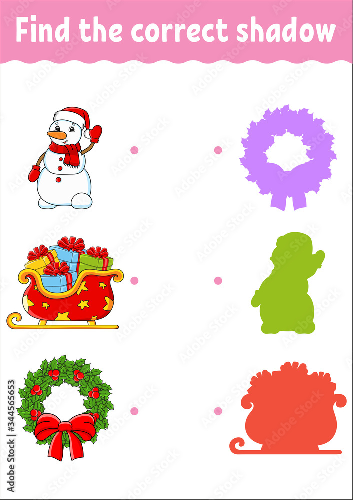 Find the correct shadow. Christmas theme. Education developing worksheet. Matching game for kids. Color activity page. Puzzle for children. Cute character. Vector illustration. Cartoon style.