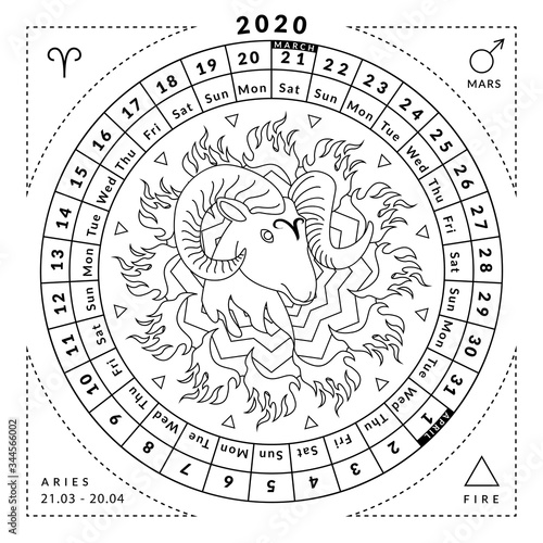 Aries zodiacal coloring book with caledar of year 2020