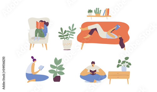 Reading books. People spending time at home flat  vector illustration. Relaxing at home, leisure time