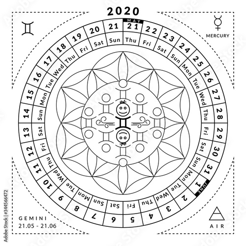 Gemini zodiacal coloring book with caledar of year 2020