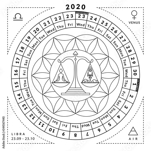 Libra zodiacal coloring book with caledar of year 2020