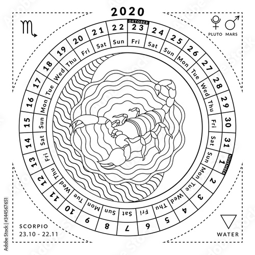 Scorpio zodiacal coloring book with caledar of year 2020