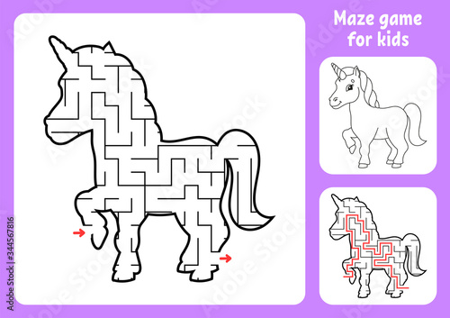 Abstract maze. Magical unicorn. Game for kids. Puzzle for children. Labyrinth conundrum. Find the right path. Education worksheet. With answer.