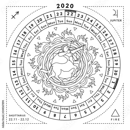 Sagittarius zodiacal coloring book with caledar of year 2020