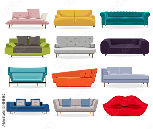 Sofa isolated. Comfort classic couch and modern divan for living room. Vector sofa flat illustration set with cozy couch. Comfortable home furniture on white background. Isolated sofa in shape of lips