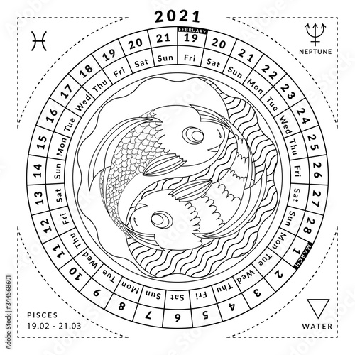 Pisces zodiacal coloring book with caledar of year 2020