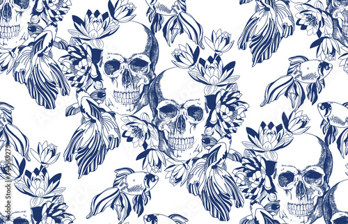 Vintage blue skull with goldfish and flowers seamless pattern