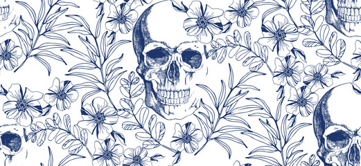 Sierkussen Doodshoofd met bloemen patronen Vintage blauwe schedel met bloemen  © Lana
