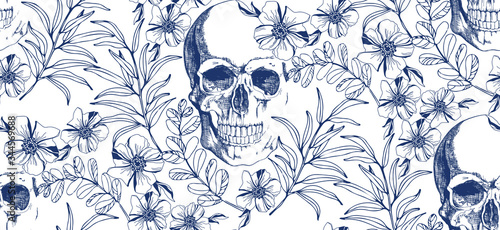 Vintage blue skull with flowers seamless pattern