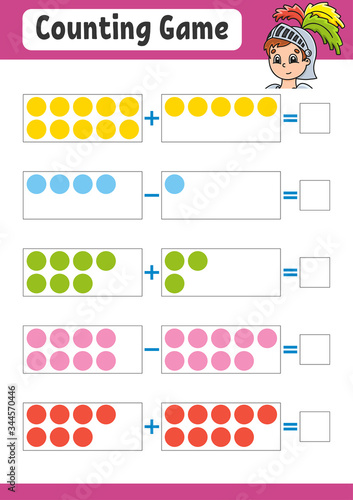 Addition and subtraction. Task for kids. Education developing worksheet. Activity color page. Game for children. Funny character. Isolated vector illustration. Cartoon style.