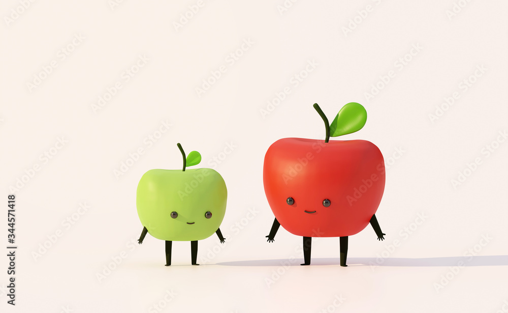 Obraz premium red apple with green apple cute cartoon character on white background.,3d render illustration.