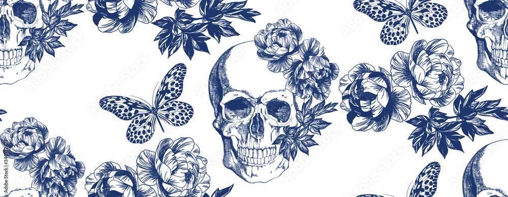 Vintage blue skull with flowers and butterflies seamless pattern
