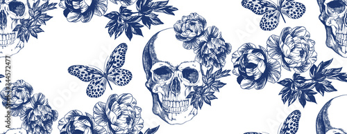 Vintage blue skull with flowers and butterflies seamless pattern photo